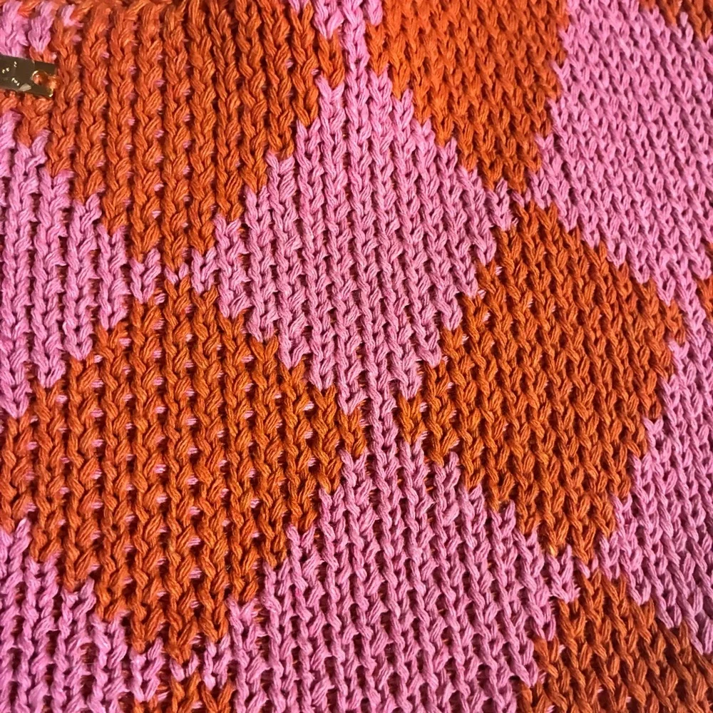 Kopari Knit Bag Crochet Circle Handbag Purse Woven Argyle 16x14 Pink/Orange Boho